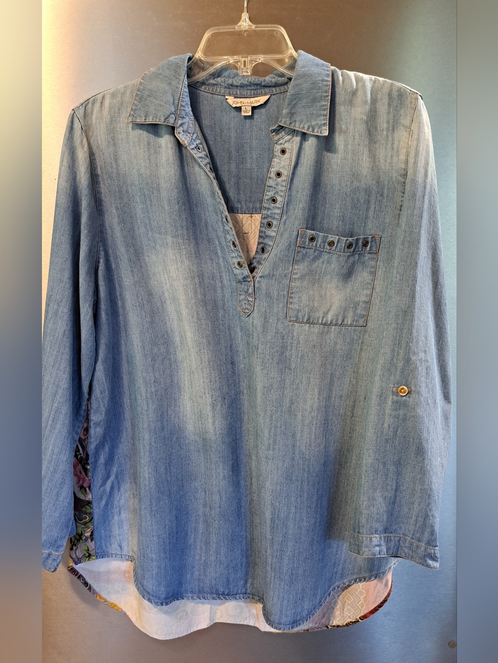 Gorgeous John Mark Multi Fabric Top Blouse Boho Birds Aztec Roll Tab LRG - Picture 2 of 12